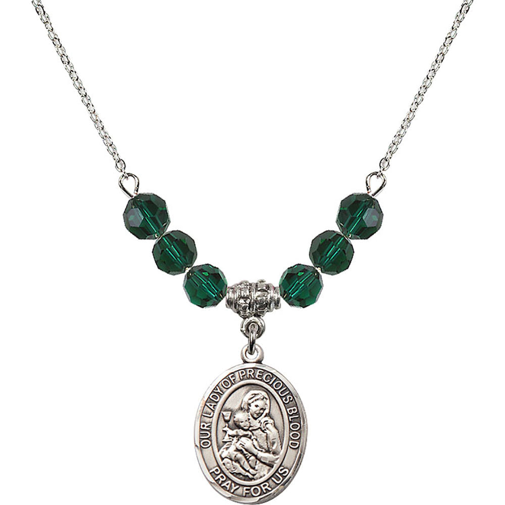 Sterling Silver Our Lady of the Precious Blood Birthstone Necklace with Emerald Beads - 8448