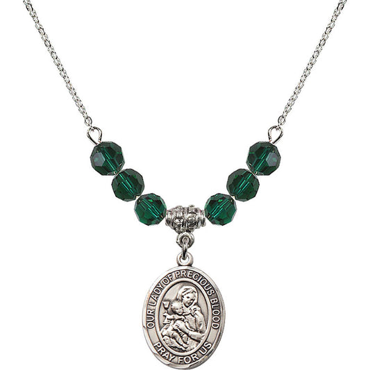 Sterling Silver Our Lady of the Precious Blood Birthstone Necklace with Emerald Beads - 8448