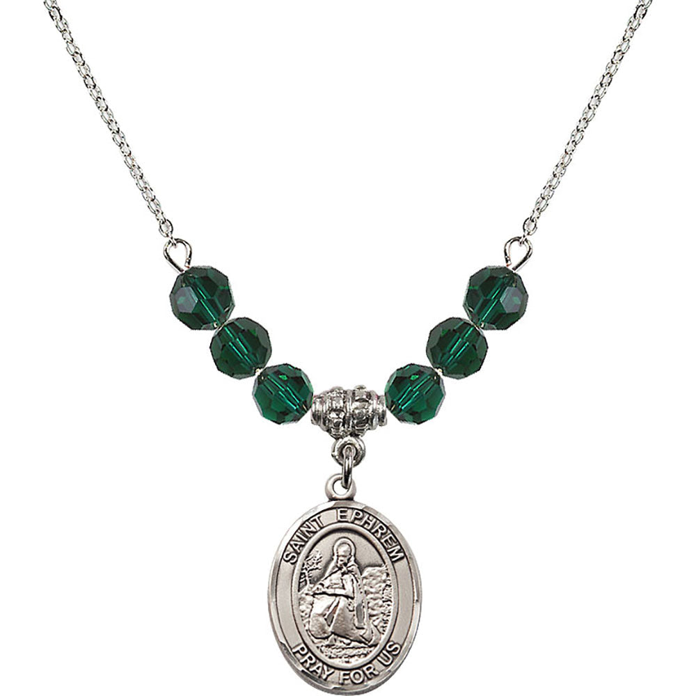 Sterling Silver Saint Ephrem Birthstone Necklace with Emerald Beads - 8449