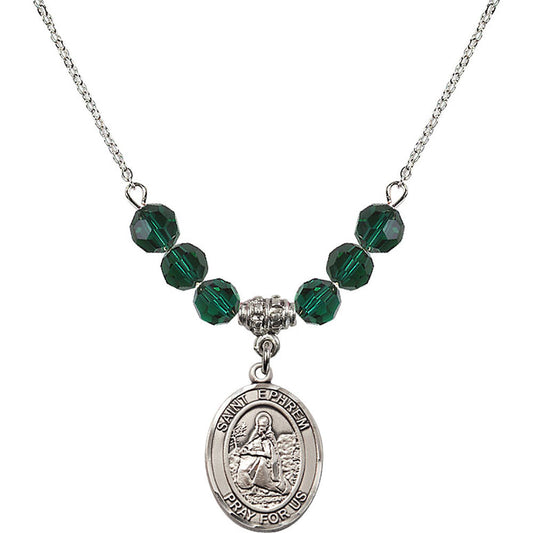 Sterling Silver Saint Ephrem Birthstone Necklace with Emerald Beads - 8449
