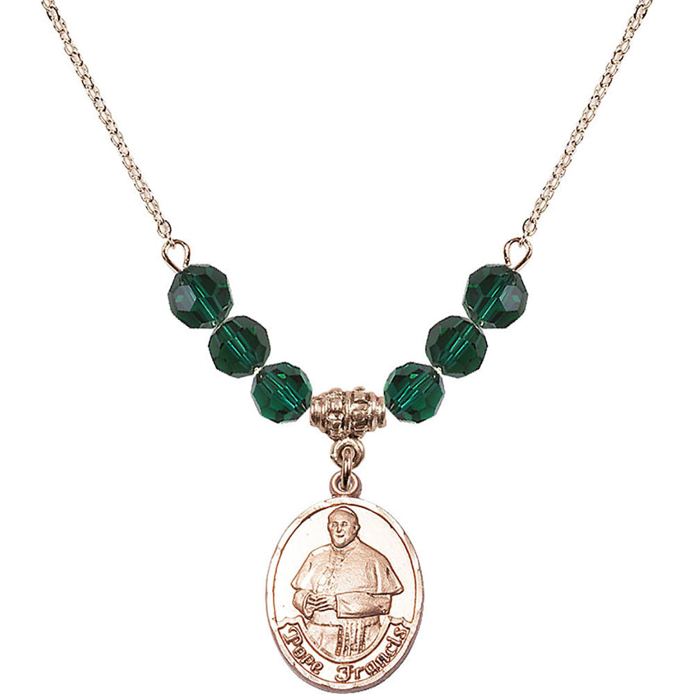 14kt Gold Filled Pope Francis Birthstone Necklace with Emerald Beads - 8451