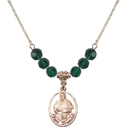 14kt Gold Filled Pope Francis Birthstone Necklace with Emerald Beads - 8451