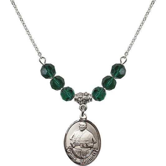 Sterling Silver Pope Francis Birthstone Necklace with Emerald Beads - 8451