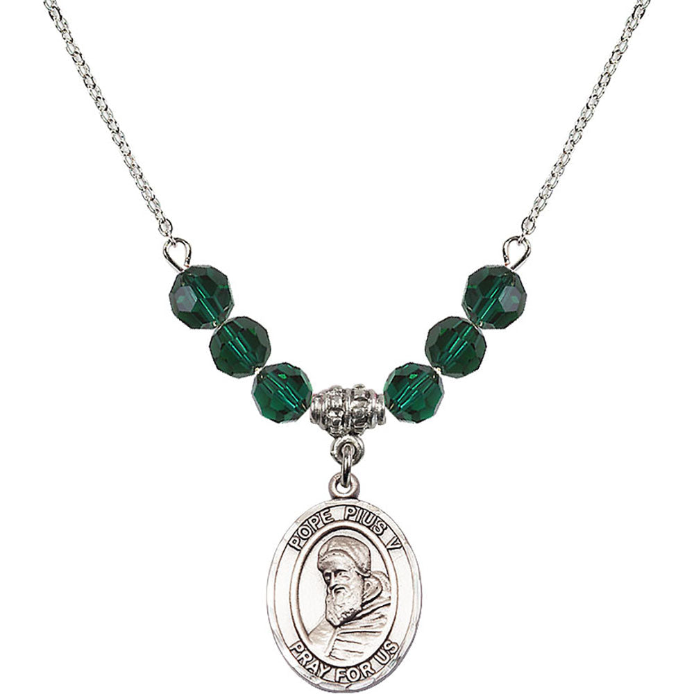 Sterling Silver Saint Pius V Birthstone Necklace with Emerald Beads - 8452