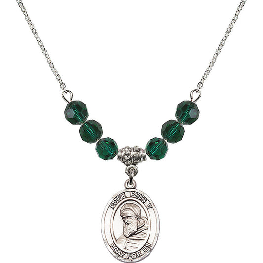 Sterling Silver Saint Pius V Birthstone Necklace with Emerald Beads - 8452