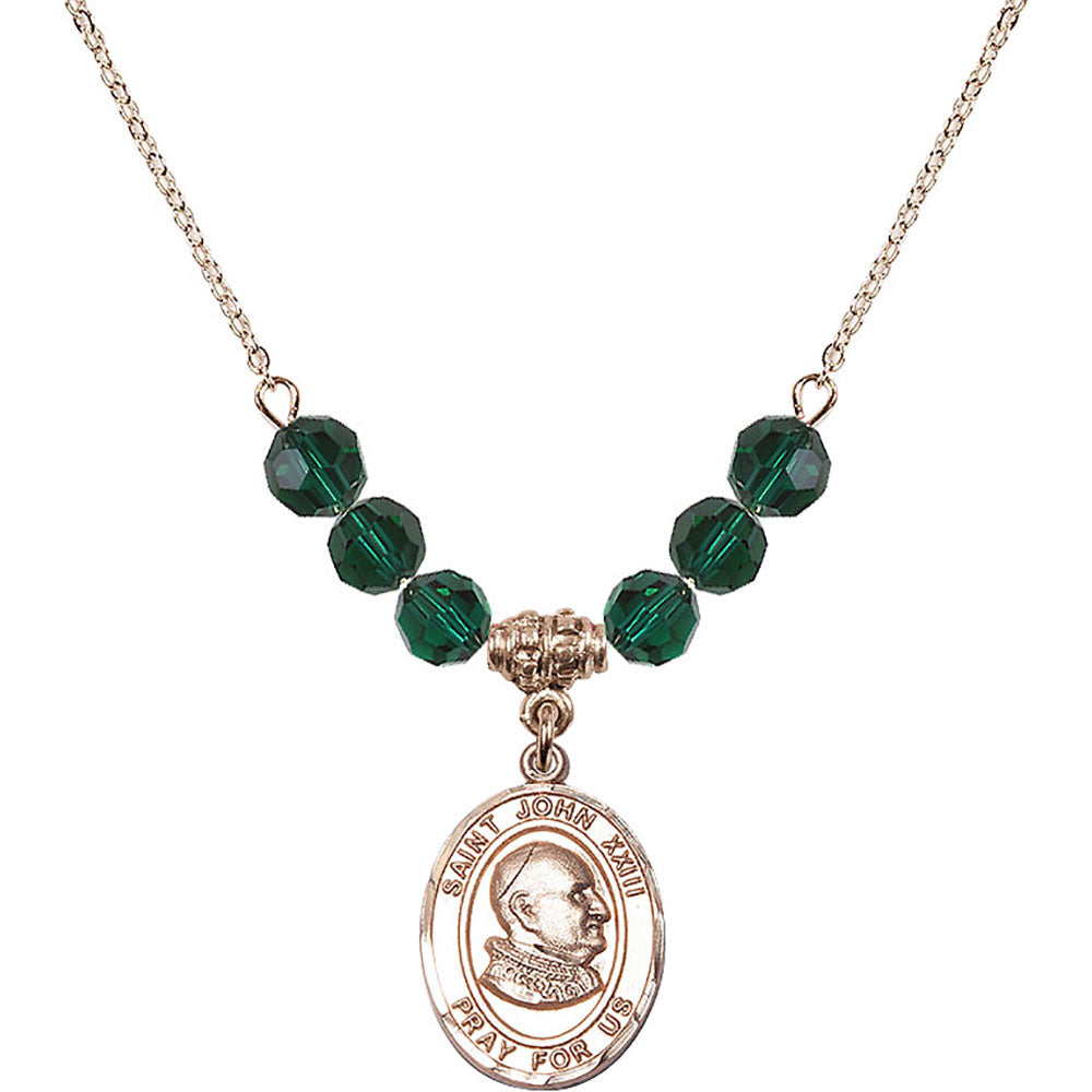 14kt Gold Filled Saint John XXIII Birthstone Necklace with Emerald Beads - 8455