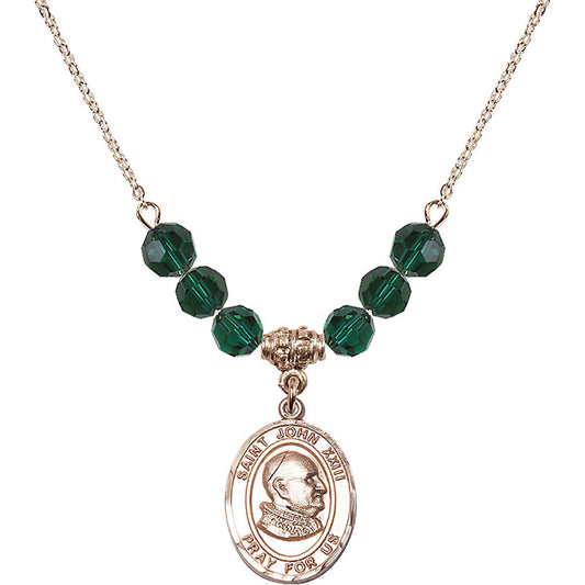 14kt Gold Filled Saint John XXIII Birthstone Necklace with Emerald Beads - 8455