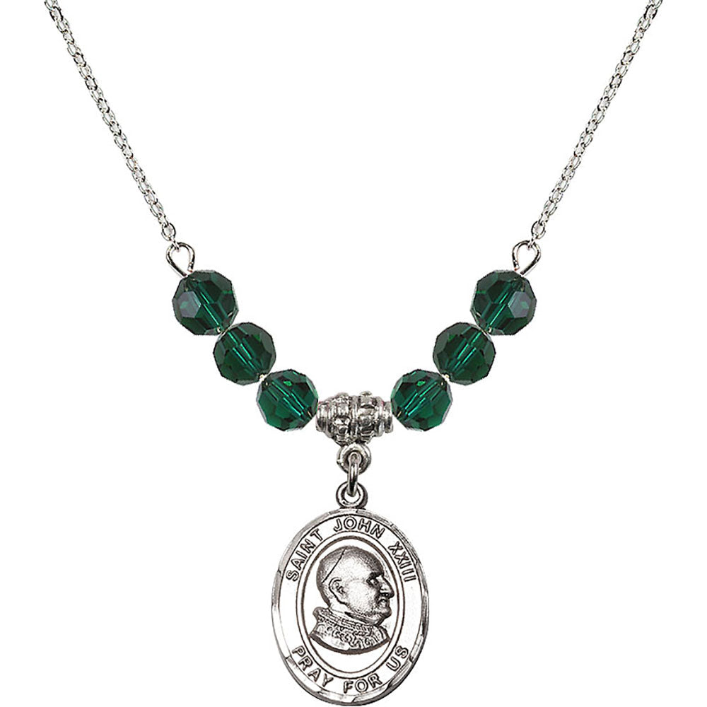 Sterling Silver Saint John XXIII Birthstone Necklace with Emerald Beads - 8455