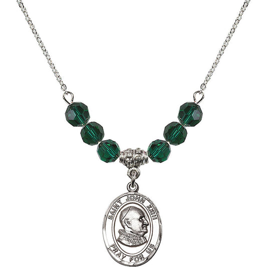 Sterling Silver Saint John XXIII Birthstone Necklace with Emerald Beads - 8455