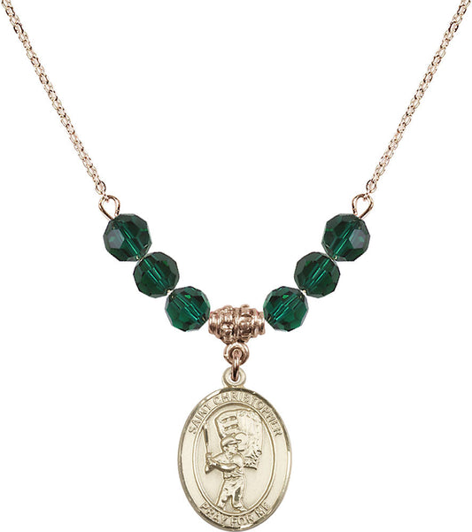 14kt Gold Filled Saint Christopher/Baseball Birthstone Necklace with Emerald Beads - 8500