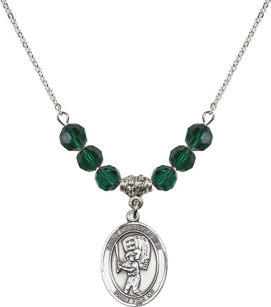 Sterling Silver Saint Christopher/Baseball Birthstone Necklace with Emerald Beads - 8500