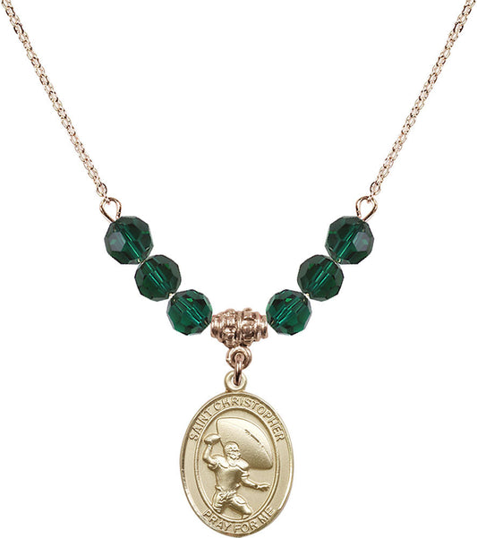 14kt Gold Filled Saint Christopher / Football Birthstone Necklace with Emerald Beads - 8501