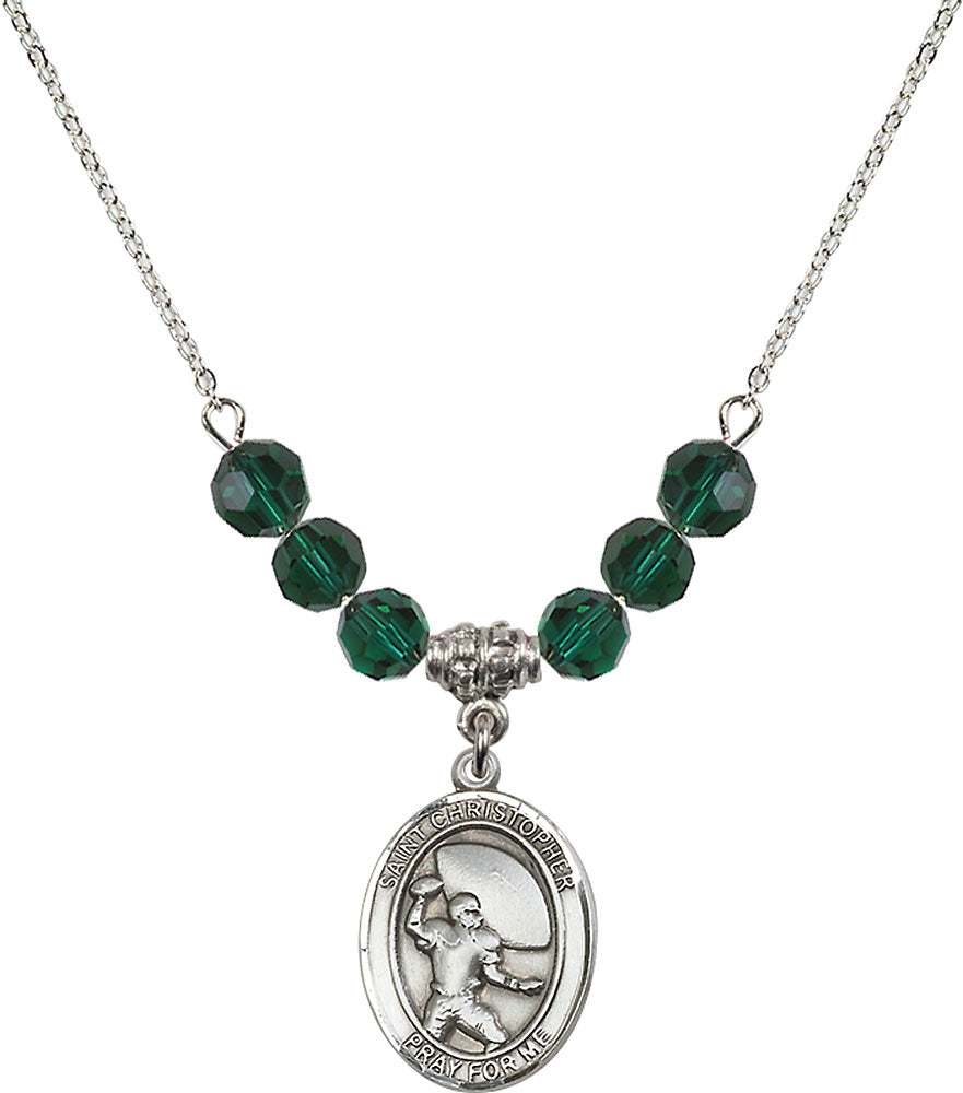 Sterling Silver Saint Christopher / Football Birthstone Necklace with Emerald Beads - 8501