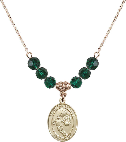 14kt Gold Filled Saint Christopher/Basketball Birthstone Necklace with Emerald Beads - 8502