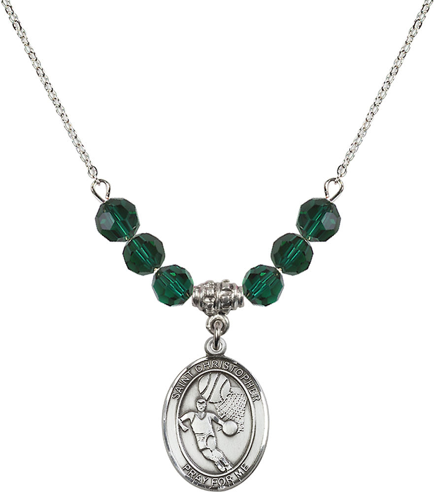 Sterling Silver Saint Christopher/Basketball Birthstone Necklace with Emerald Beads - 8502