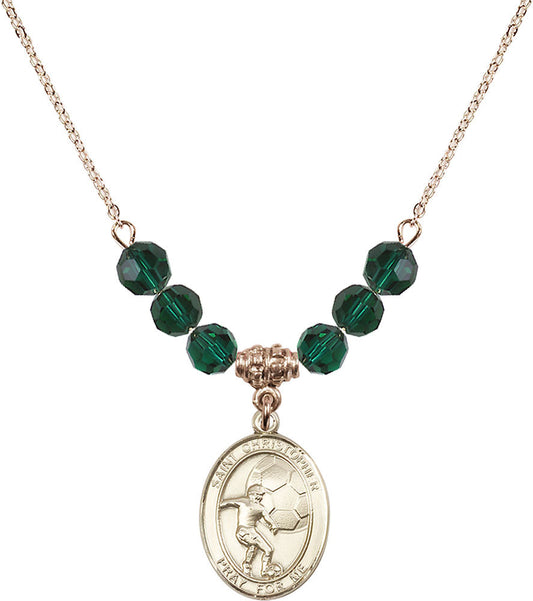14kt Gold Filled Saint Christopher/Soccer Birthstone Necklace with Emerald Beads - 8503
