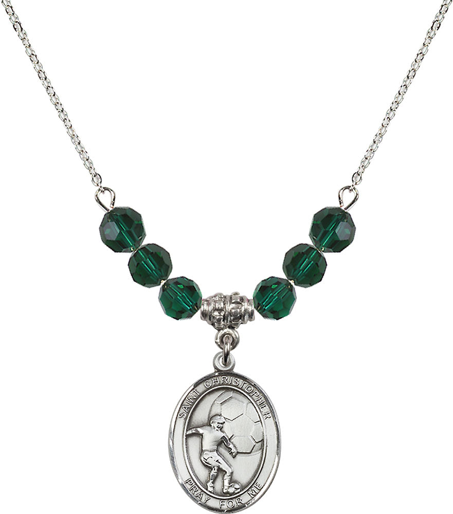Sterling Silver Saint Christopher/Soccer Birthstone Necklace with Emerald Beads - 8503