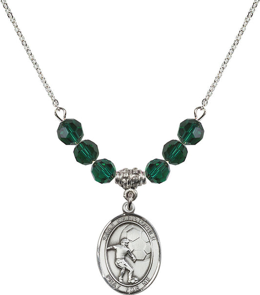 Sterling Silver Saint Christopher/Soccer Birthstone Necklace with Emerald Beads - 8503