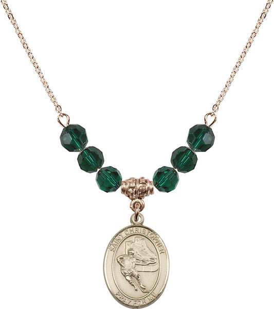 14kt Gold Filled Saint Christopher/Hockey Birthstone Necklace with Emerald Beads - 8504