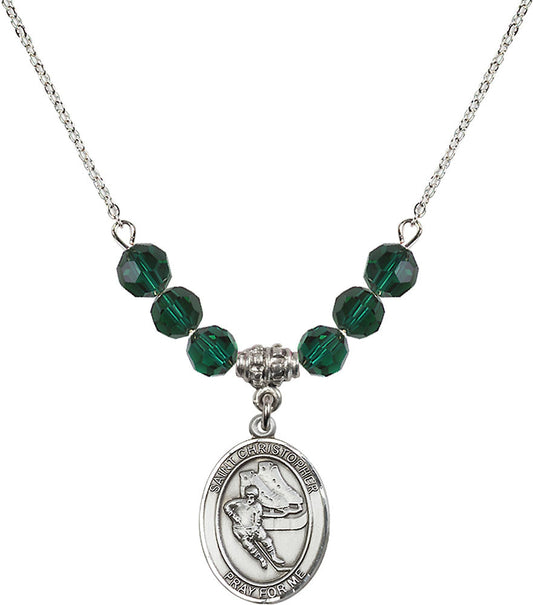 Sterling Silver Saint Christopher/Hockey Birthstone Necklace with Emerald Beads - 8504