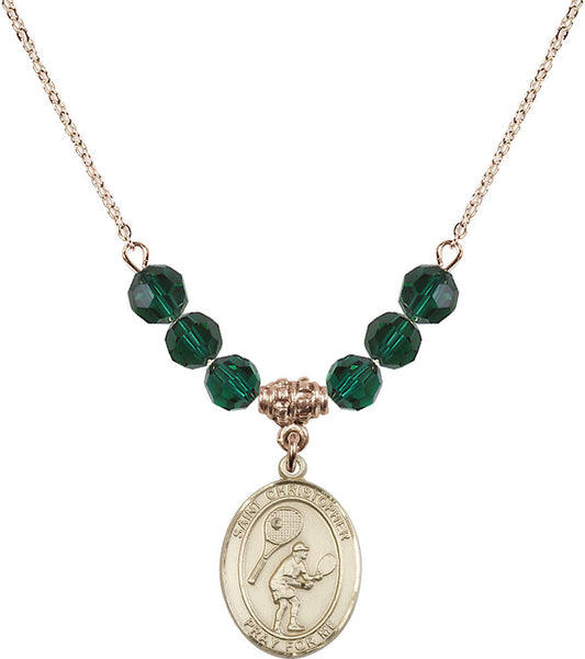 14kt Gold Filled Saint Christopher/Tennis Birthstone Necklace with Emerald Beads - 8505