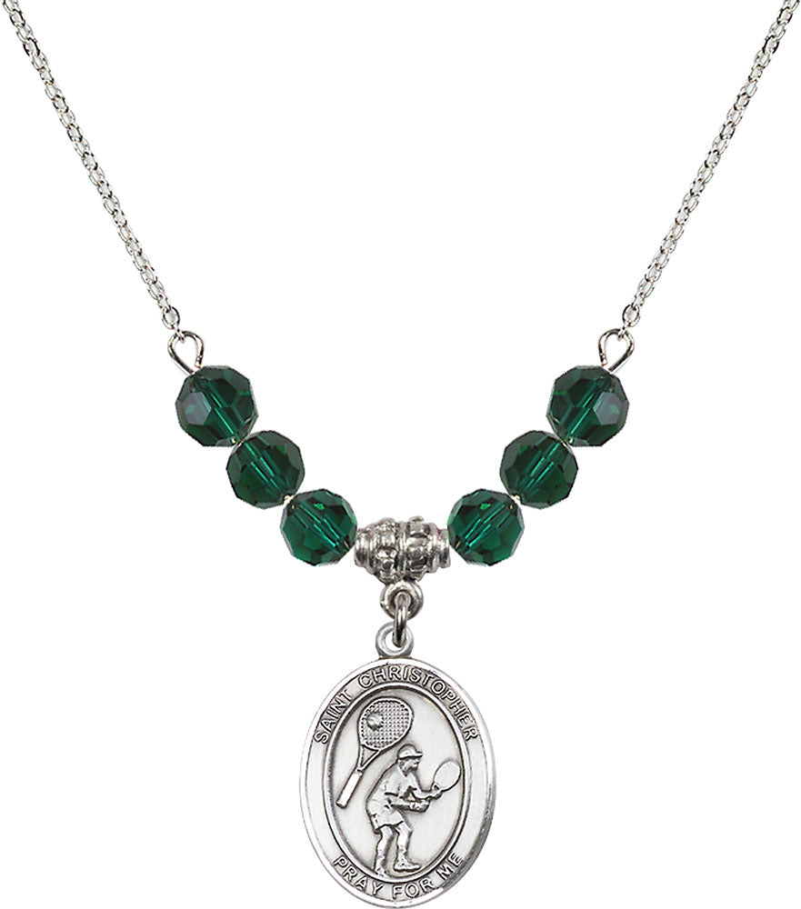 Sterling Silver Saint Christopher/Tennis Birthstone Necklace with Emerald Beads - 8505