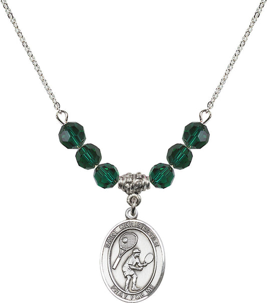 Sterling Silver Saint Christopher/Tennis Birthstone Necklace with Emerald Beads - 8505