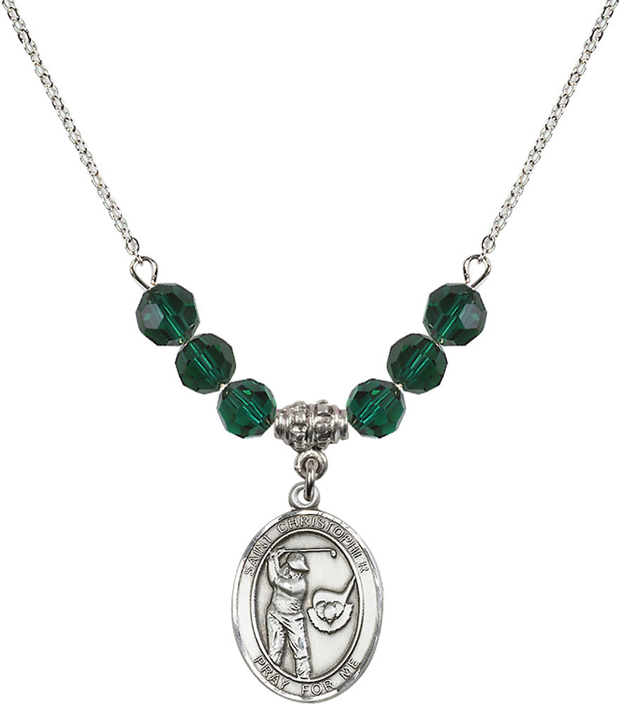 Sterling Silver Saint Christopher/Golf Birthstone Necklace with Emerald Beads - 8506