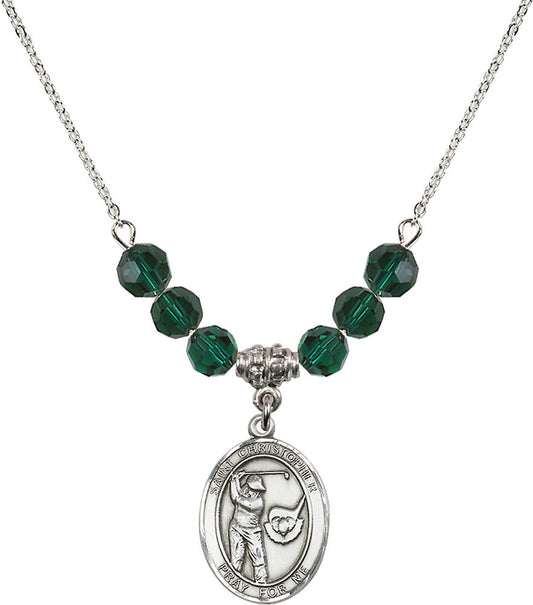 Sterling Silver Saint Christopher/Golf Birthstone Necklace with Emerald Beads - 8506