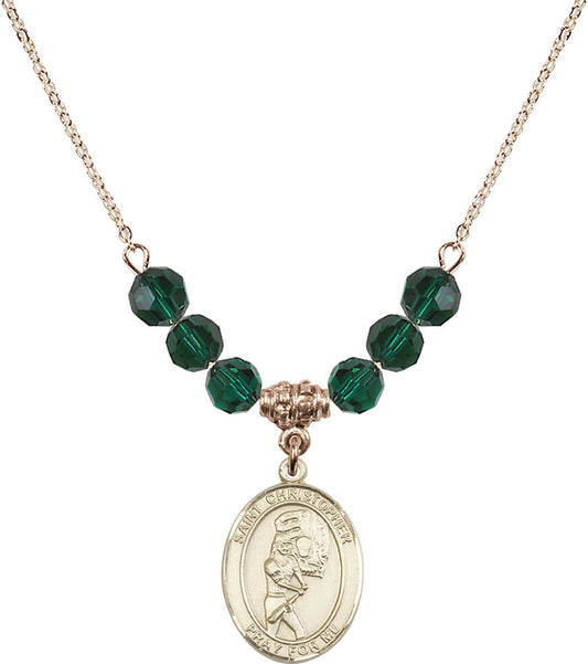 14kt Gold Filled Saint Christopher/Softball Birthstone Necklace with Emerald Beads - 8507