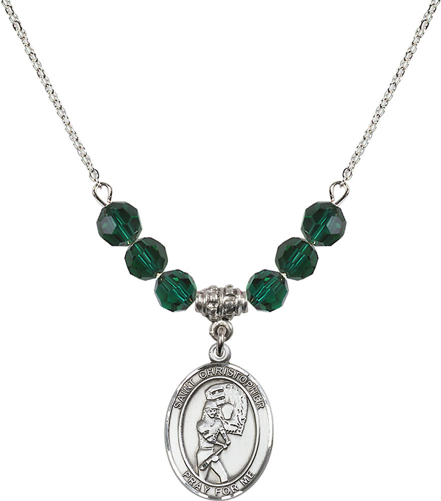 Sterling Silver Saint Christopher/Softball Birthstone Necklace with Emerald Beads - 8507