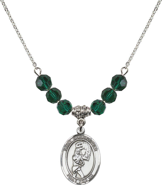 Sterling Silver Saint Christopher/Softball Birthstone Necklace with Emerald Beads - 8507