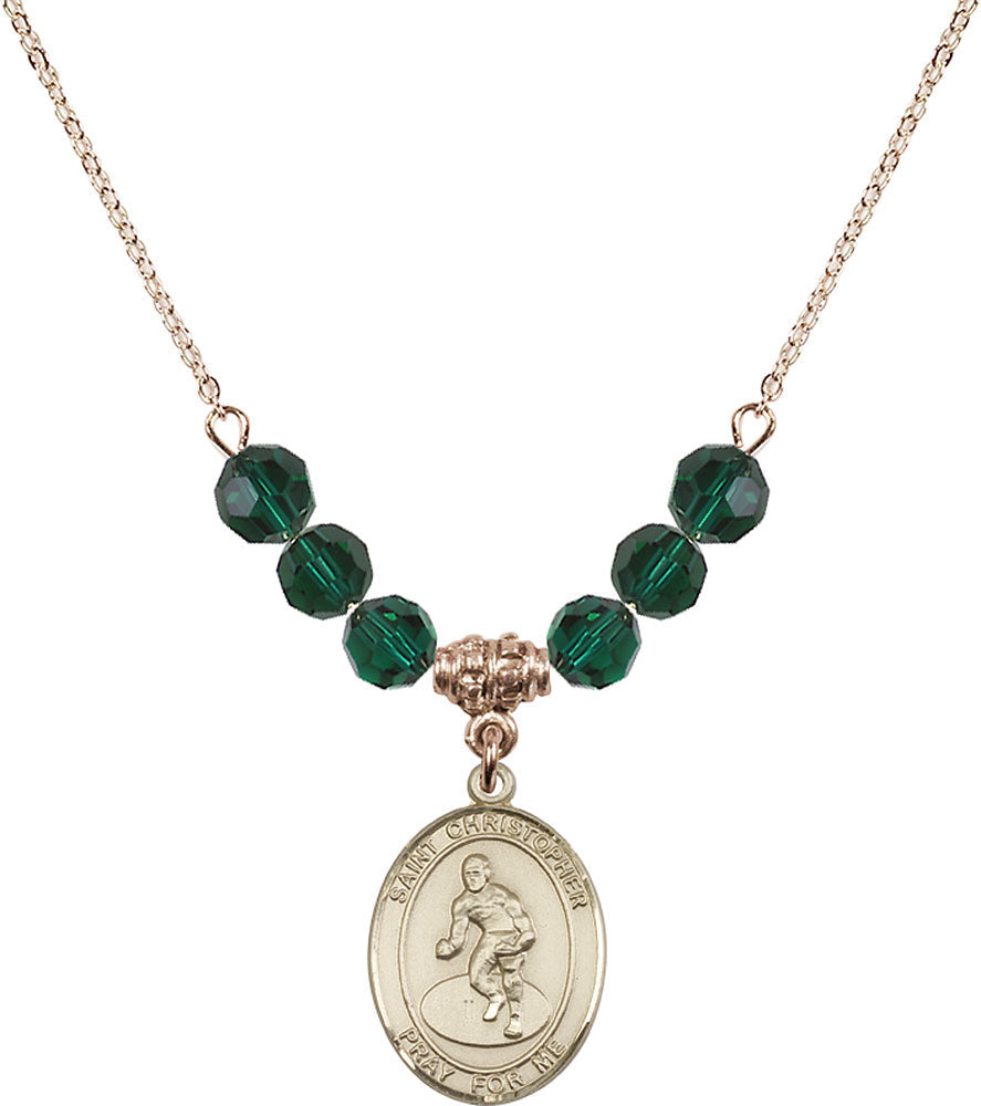 14kt Gold Filled Saint Christopher/Wrestling Birthstone Necklace with Emerald Beads - 8508