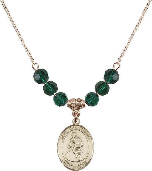 14kt Gold Filled Saint Christopher/Wrestling Birthstone Necklace with Emerald Beads - 8508