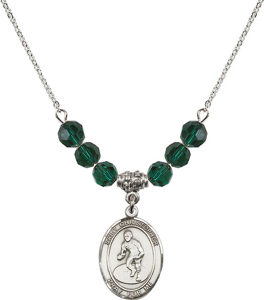 Sterling Silver Saint Christopher/Wrestling Birthstone Necklace with Emerald Beads - 8508