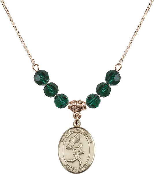14kt Gold Filled Saint Christopher/Track&Field-Men Birthstone Necklace with Emerald Beads - 8509