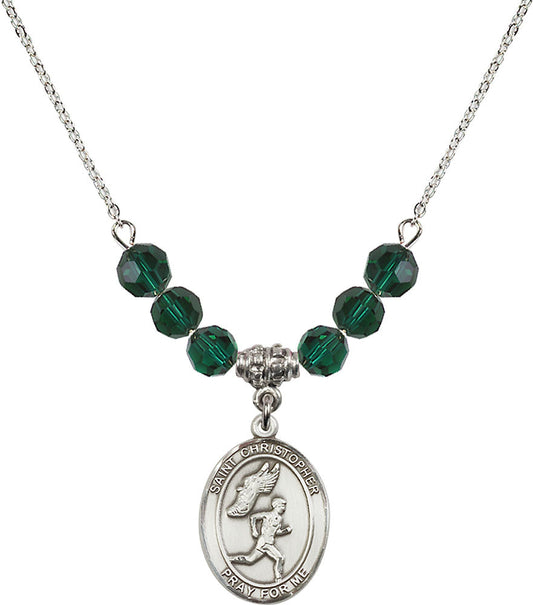 Sterling Silver Saint Christopher/Track&Field-Men Birthstone Necklace with Emerald Beads - 8509