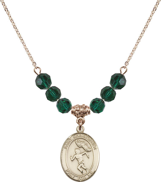 14kt Gold Filled Saint Christopher/Track&Field-Women Birthstone Necklace with Emerald Beads - 8510