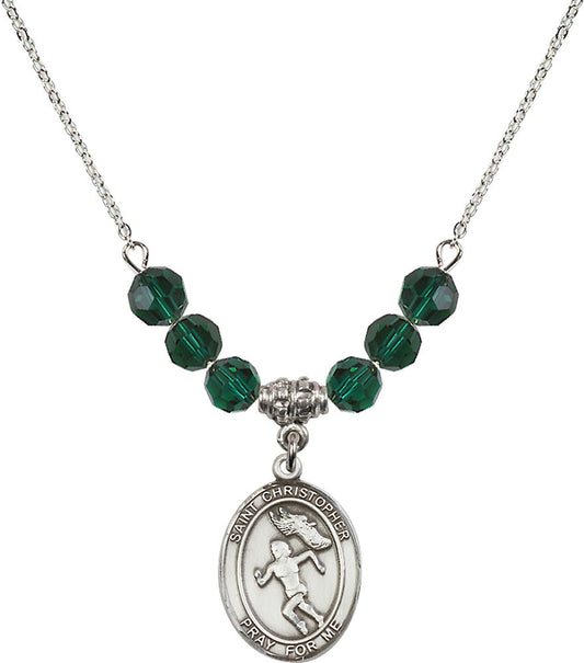 Sterling Silver Saint Christopher/Track&Field-Women Birthstone Necklace with Emerald Beads - 8510