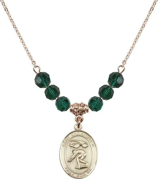 14kt Gold Filled Saint Christopher/Swimming Birthstone Necklace with Emerald Beads - 8511