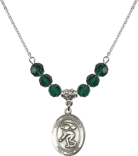 Sterling Silver Saint Christopher/Swimming Birthstone Necklace with Emerald Beads - 8511