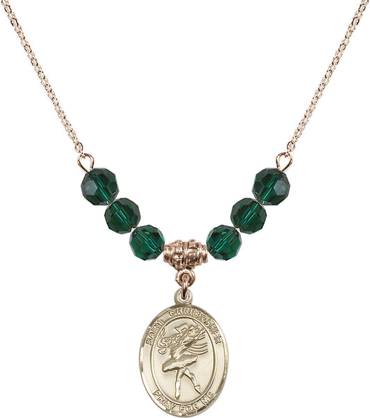 14kt Gold Filled Saint Christopher/Dance Birthstone Necklace with Emerald Beads - 8512