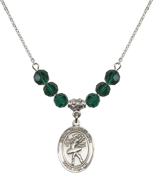 Sterling Silver Saint Christopher/Dance Birthstone Necklace with Emerald Beads - 8512