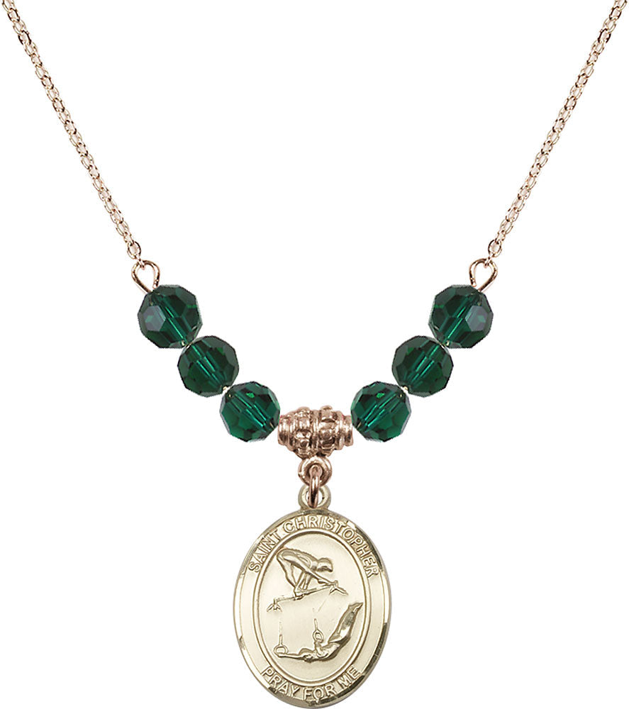 14kt Gold Filled Saint Christopher/Gymnastics Birthstone Necklace with Emerald Beads - 8513