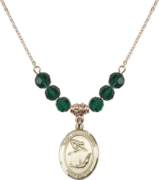 14kt Gold Filled Saint Christopher/Gymnastics Birthstone Necklace with Emerald Beads - 8513