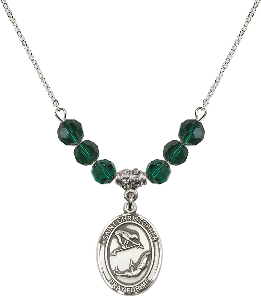 Sterling Silver Saint Christopher/Gymnastics Birthstone Necklace with Emerald Beads - 8513