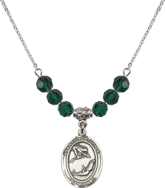 Sterling Silver Saint Christopher/Gymnastics Birthstone Necklace with Emerald Beads - 8513