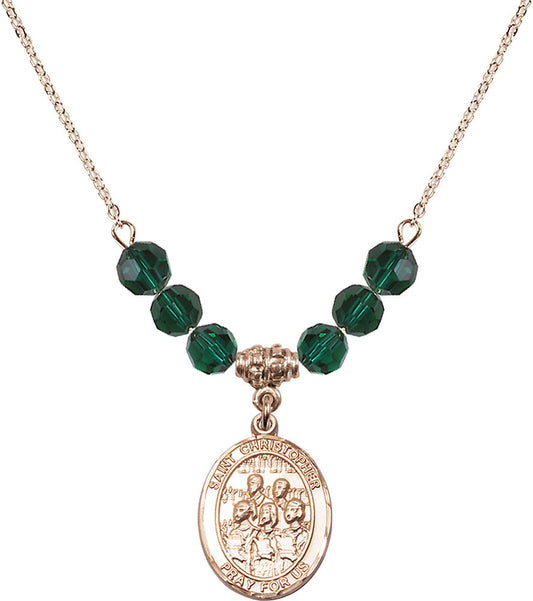 14kt Gold Filled Saint Christopher / Choir Birthstone Necklace with Emerald Beads - 8514