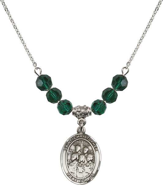 Sterling Silver Saint Christopher / Choir Birthstone Necklace with Emerald Beads - 8514