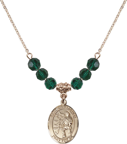 14kt Gold Filled Saint Christopher / Karate Birthstone Necklace with Emerald Beads - 8515